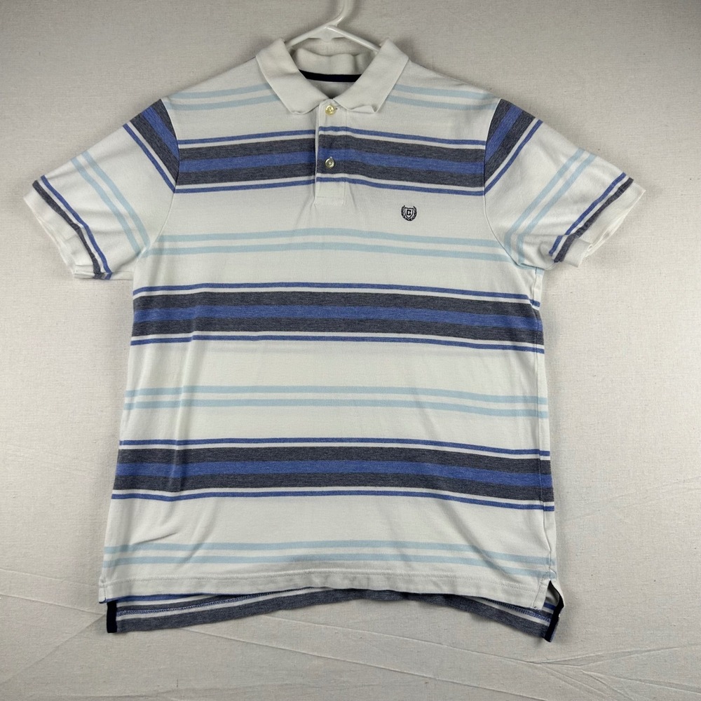 Chaps Mens Striped Polo Shirt White Blue Short Sleeve Cotton Size M